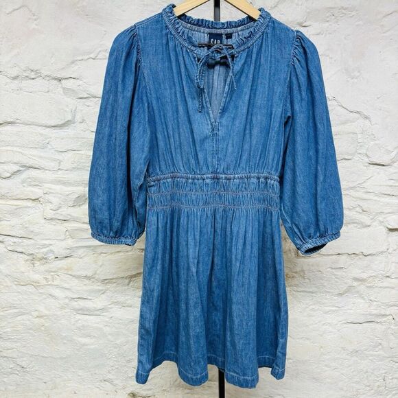 Gap Dress Womens Small Petite Denim Peasant Dress Ruched Tie Collar Chambray - Picture 1 of 5